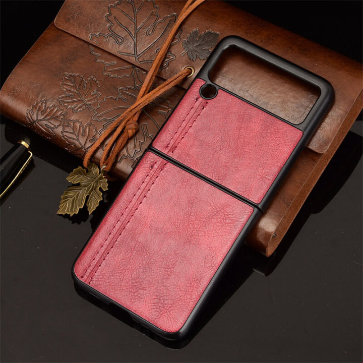 lthmy for Samsung Galaxy Z Flip3 5G Case Luxury Calfskin PU Leather lines Hard Back Cover