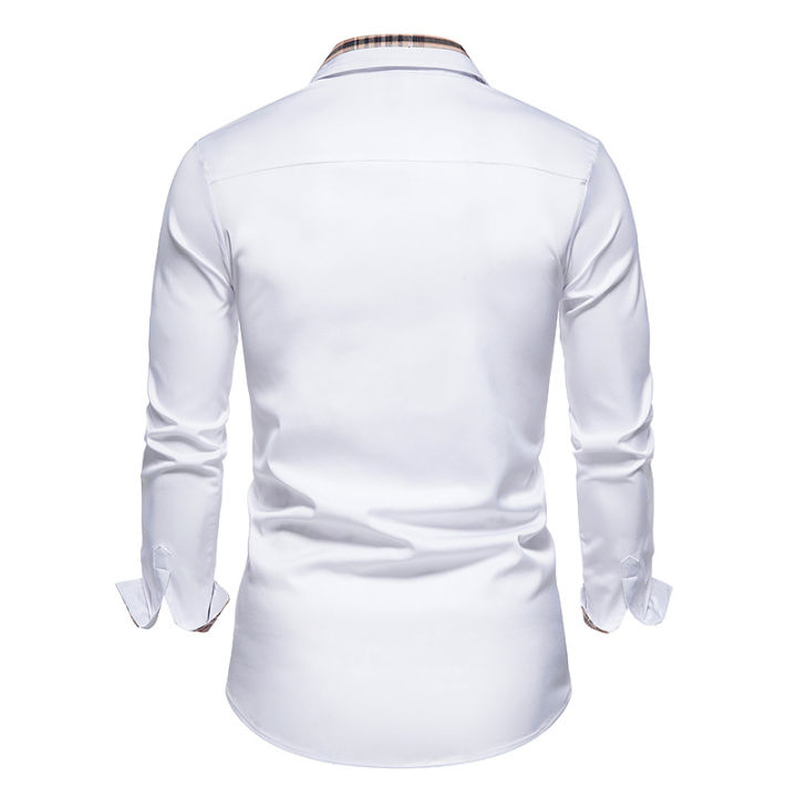 PARKLEES%202023%20Autumn%20Plaid%20Patchwork%20Formal%20Shirts%20for%20Men%20Slim%20Long%20Sleeve%20White%20Button%20Up%20Shirt%20Dress%20Business%20Office%20Camisas%20-%20Image%203