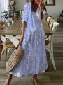 Summer V Neck Half Sleeve Long Beach Dress Women Print A-Line Loose Dress Cover-Ups Boho Casual Lace Up Beach Dress Cover-Ups. 
