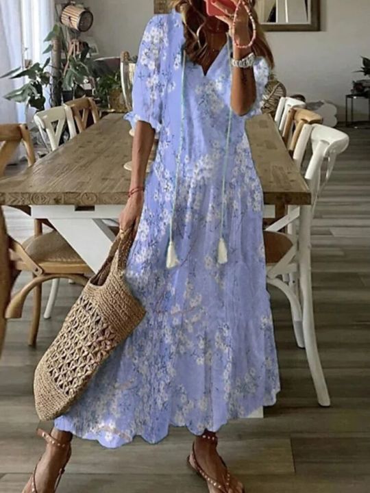 Summer%20V%20Neck%20Half%20Sleeve%20Long%20Beach%20Dress%20Women%20Print%20A-Line%20Loose%20Dress%20Cover-Ups%20Boho%20Casual%20Lace%20Up%20Beach%20Dress%20Cover-Ups%20-%20Image%205