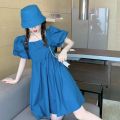 2023 New Female Student Korean Style Loose Internet Hot Purple Hepburn Style Puff Sleeve Dress. 