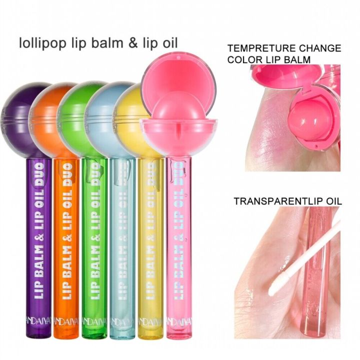 2 In 1 Cute Makeup Lollipop Lip Balm Lip Gloss Moisturizer Candy Magice Lip Gloss Lipstick Waterproof Long Lasting Lip Tint