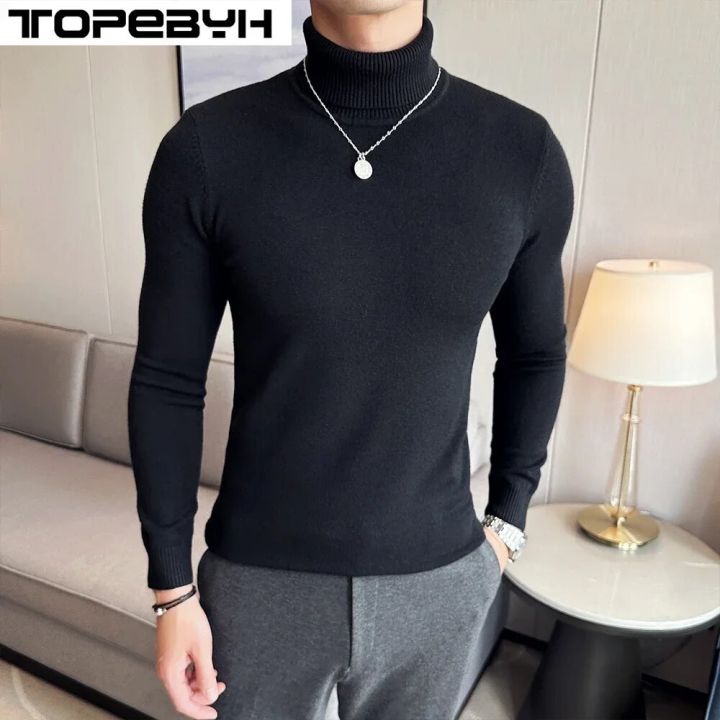 Men's Winter High Neck Knit Sweater Slim Fit Long Sleeve Pullover Solid Color Tops Mens Clothing
