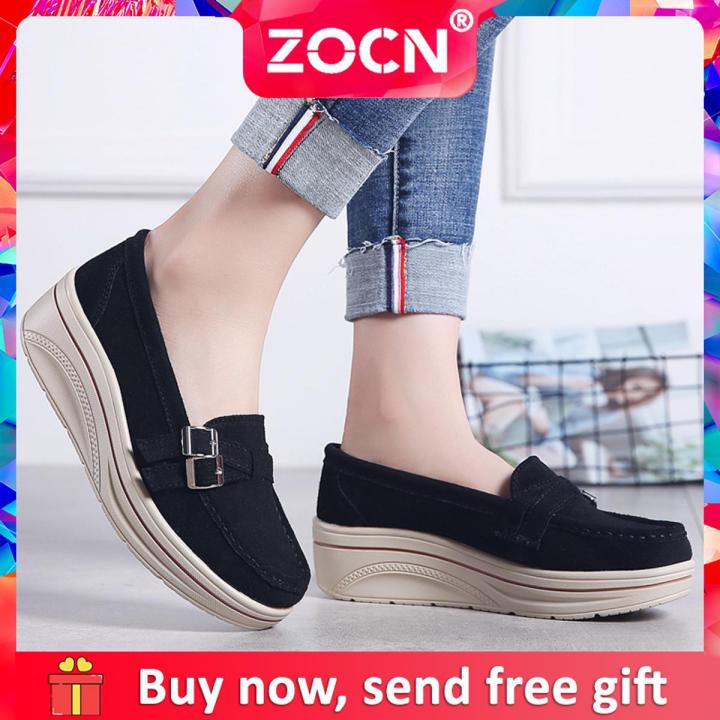 Women Wedges Shose Fashion High Heel Leather Loafers Comfortable Platform Shaker Large SIze Shoes 35-42