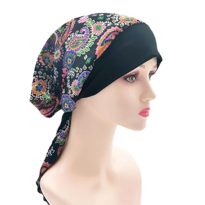 1PCS%20Women%20Muslim%20Flower%20Floral%20Print%20Hijab%20Hat%20Turban%20Cap%20Cover%20Hair%20Head%20Scarf%20Wrap%20Pre-Tied%20Headwear%20Black%20Strech%20Bandana%20-%20Image%202