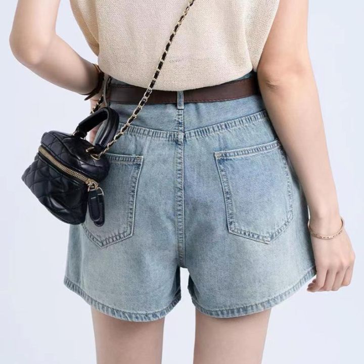 Women's%20Korean-Style%20Retro%20Denim%20Shorts2023Summer%20New%20High%20Waist%20Front%20PocketaWord%20Slimming%20and%20Wide%20Leg%20Hot%20Pants%20-%20Image%204
