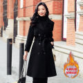 【Plus Cotton】Women's Black Overcoat Mid-Length2022New Autumn and Winter High-End Hepburn Style Woolen Coat.