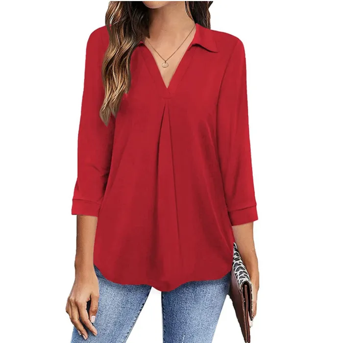 Womens%20relax%20wear%20Collared%20V%20Neck%203/4%20Sleeve%20Shirts%20Business%20Casual%20Tops%20Loose%20Fit%20Work%20Blouses%20-%20Image%205