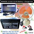 KENNEDE 12V 9.5Ah Battery With Battery Charger  With DC Fan 8"/  12V 9.5Ah Battery +  DC Car Clip Table Stand Fan 8"Inche + 12V Battery Charger + Connector kit = Combo Package. 