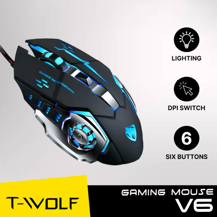 Gaming Mouse With Lighting TWolf V6 illuminated Wired Mouse For Gaming PC Laptop Computer Desktop Black RGB Mouse For Gamers 6 Button Mouse With DPI