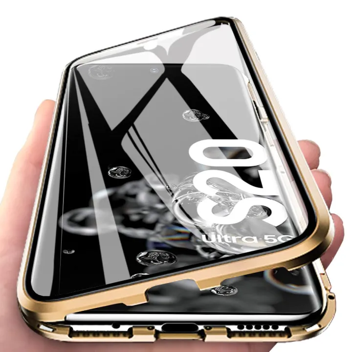 For Samsung Galaxy S20 Ultra Casing 360° Full Body Transparent Tempered Glass with Magnetic Adsorption Metal Bumper Case Cover