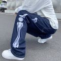 Jeans Men Skeleton Baggy Casual Jean Pants Mens Japan Style Streetwear Wide Leg Denim Trousers Male Vintage Blue Denim Pants.