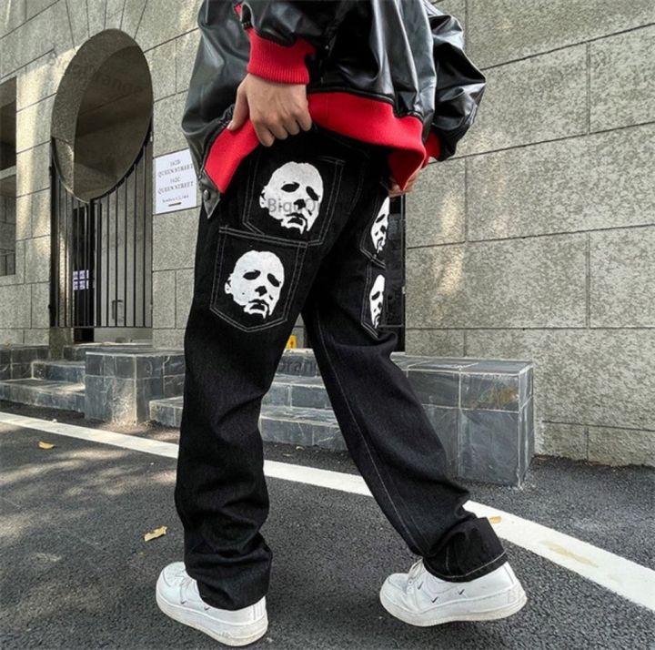 Hip Hop Printed Jeans Men Baggy Black Denim Trousers Straight Pants Spring Fashion Korean Streetwear Male Bottoms Y2K Clothes