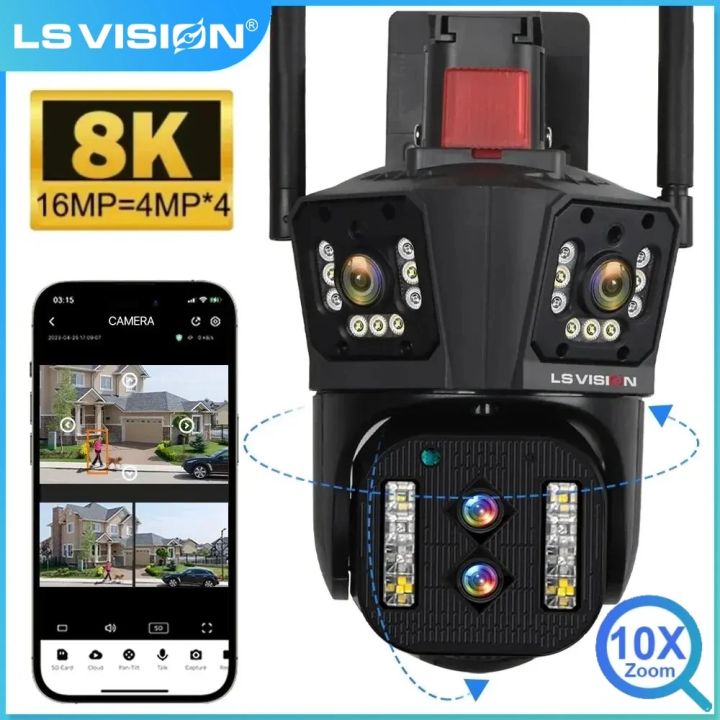 Ls Vision In Car Surveillance Camera 360 Degree LS VISION 8K 16MP WiFi IP  Camera Outdoor Four Lens PTZ Camera Auto