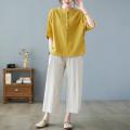 Women's Cotton and Linen Short-Sleeved Shirt2023New Mom Summer Clothes Linen Top Loose Belly-Covering Western Style Slimming Suit.