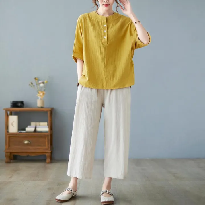 Women's%20Cotton%20and%20Linen%20Short-Sleeved%20Shirt2023New%20Mom%20Summer%20Clothes%20Linen%20Top%20Loose%20Belly-Covering%20Western%20Style%20Slimming%20Suit%20-%20Image%203
