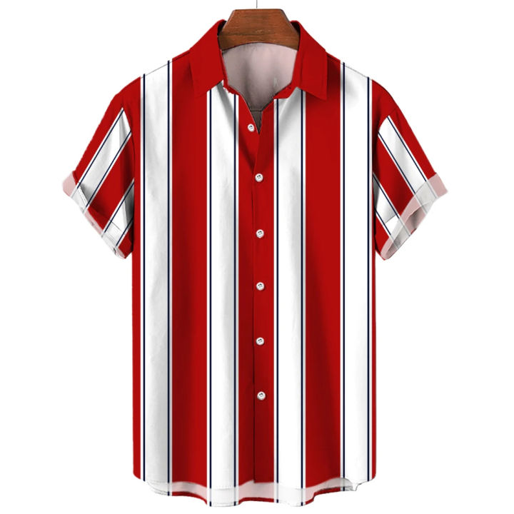 Hawaiian Vacation Summer for Men Shirts Stripes Print Lapel Short Sleeve Top Tees Oversized Loose Breathable Shirt Male Casual