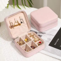 Travel Jewelry Box, Pink 3.9x3.9x1.9in PU Leather Small Jewelry Organizer for Women Girls Zipper Portable Square Travel Case for Stud Earrings, Rings, Necklaces, Bracelets. 