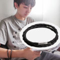 PU Leather Bracelet Black Silver Men's Unisex.