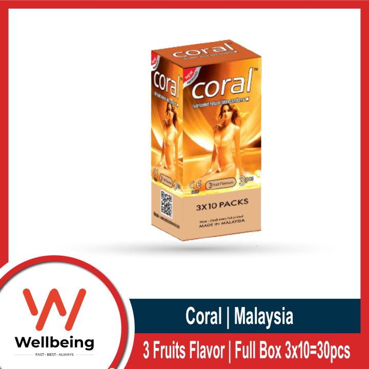 Coral 3 Fruits Flavors Lubricated Natural Latex Condom For Men Full Box