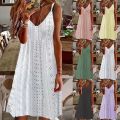 Collar spaghetti sleeveless summer white ladies dress eyelet lace V strap beach midi dress casual loose flowing suspenders 2024. 
