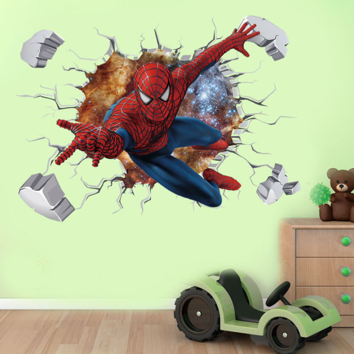 3D Broken Wall SpiderMan Marvel Avengers Wall Stickers For Kids Room Living Room Bedroom Wall Decoration SuperHero Movie Poster