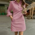 Ladis Dress Summer Elegant Long Sleeve Solid Color Shirt Sundress 2024 Casual Loose Buttons Pockets Short Mini Vestidos. 