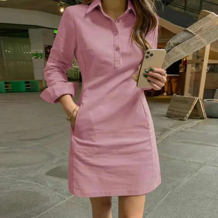 Ladis%20Dress%20Summer%20Elegant%20Long%20Sleeve%20Solid%20Color%20Shirt%20Sundress%202024%20Casual%20Loose%20Buttons%20Pockets%20Short%20Mini%20Vestidos%20-%20Image%204