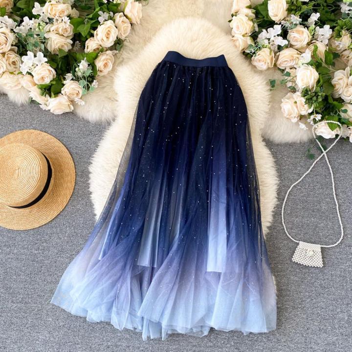 2022 Summer Tulle Skirt Star Sequin skirt High Waist long Skirt Blue