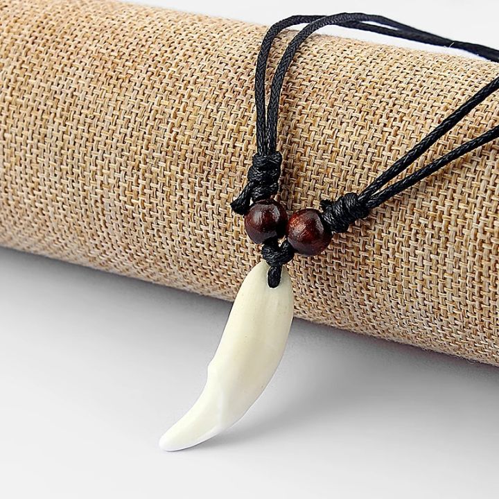 1pcs Real Wolf Teeth Yak Bone Wood beads Tooth Amulet Charm Pendant Necklace Wax Cord 17-33''