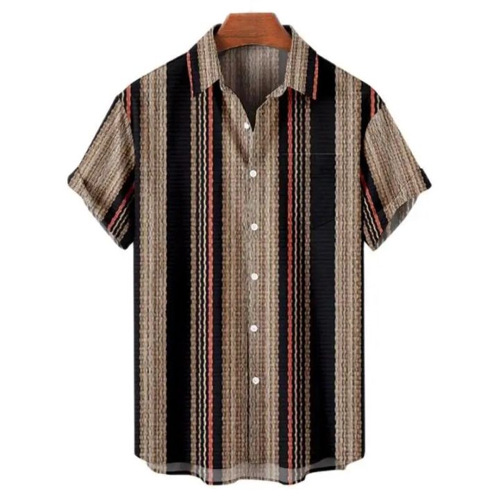 Hawaiian Men's Colourful Striped Social Camisa Short Sleeve Shirts For Men Casual Top Oversized Tee Clothing Fashion Y2k Hot