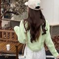 Y2k Women Cardigan Sweater Knitted Cropped Korean Short Long sleeve Crop Top V neck Fashion Clothe.