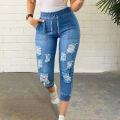 Sunnyheart Capri Denim Pants Washable Skinny Ripped Holes Capri Denim Pants. 