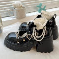 Black Leather Shoes Spring and Autumn Season Metal Chain Sponge Cake Sole Mary Jane Shoes Women's Patent Leather Gothic Style House Foocus. 