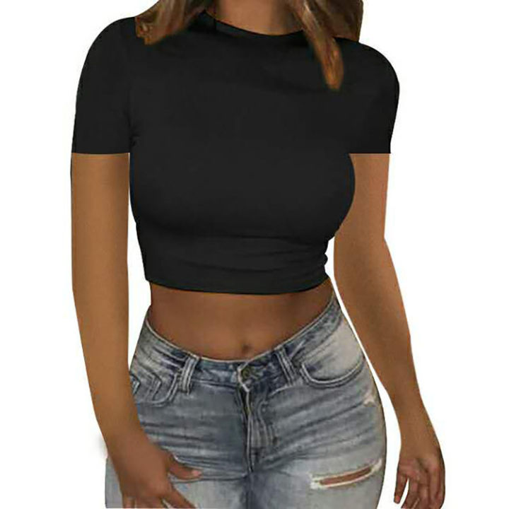 2023%20New%20Summer%20European%20and%20American%20Women's%20Foreign%20Trade%20Top%20Fashion%20crop%20crop%20solid%20color%20round%20neck%20slim%20short%20sleeve%20T-shirt%20-%20Image%207