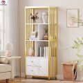 Gold Bookshelf with Drawers Modern Bookcase Storage Rack Shelf Tall Standing Bookshelves Metal Frame Large Display Racks Book Shelf for Bedroom, Living Room, Home Office, White/Gold. 