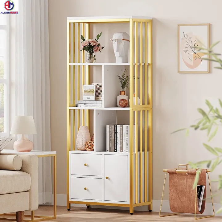 Gold%20Bookshelf%20with%20Drawers%20Modern%20Bookcase%20Storage%20Rack%20Shelf%20Tall%20Standing%20Bookshelves%20Metal%20Frame%20Large%20Display%20Racks%20Book%20Shelf%20for%20Bedroom,%20Living%20Room,%20Home%20Office,%20White/Gold%20-%20Image%202
