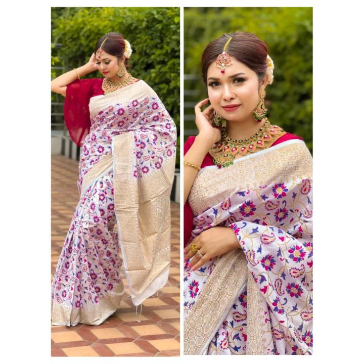 Puja Special Katan Designer Block Print Half Silk Saree For Woman - Sharee For Women