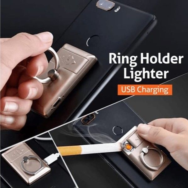 Mobile Ring Holder+USB Lighter 2 in 1 Rechargeable Flameless Ring Lighter Windproof Metal Finger Grip 360 Degree Rotation