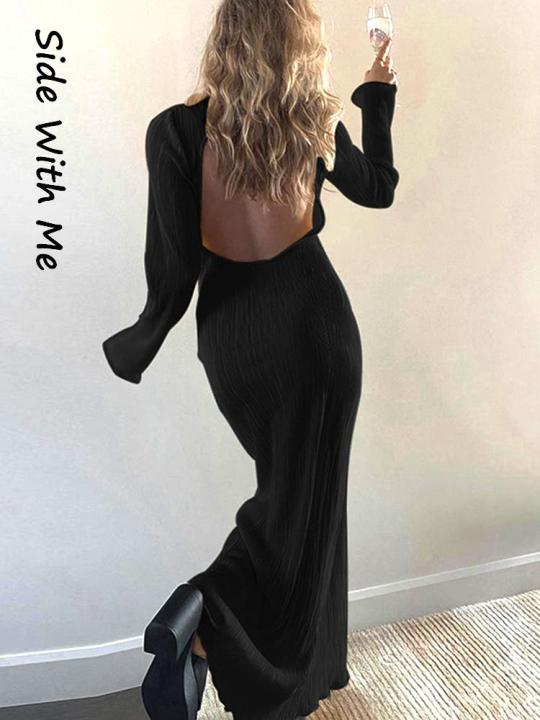 Side with Me Long Sleeve Bodycon Robe Split Dress Women 2022 Summer Backless Casual Holiday Evening Woman Party Dresses