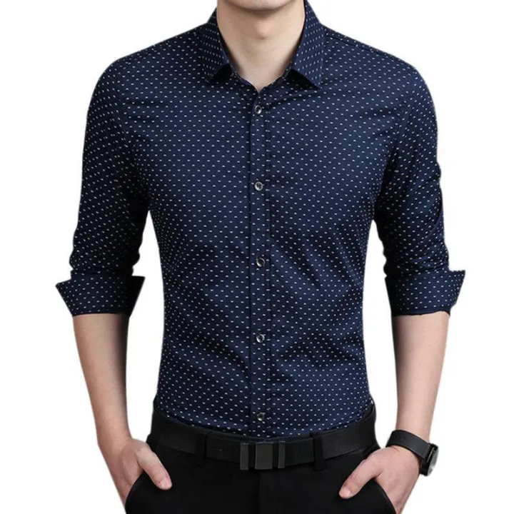 Navy%20Blue%20Cotton%20Long%20Sleeve%20Polka%20Dot%20Shirt%20for%20Men%20-%20Image%202