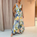 Printed Deep V-neck Dress Women Sleeveless Panelled Female Long A-line Beach Dresses 2023 Summer Street Curved Hem Backless Robe. 