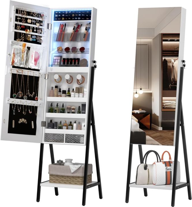 LVSOMT 3 LEDs Mirror Jewelry Cabinet, 42.5 Jewelry Mirror Cabinet, Full Length Mirror with Jewelry Storage, Standing