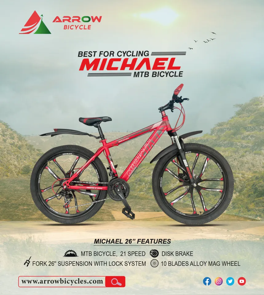 Arrow Bicycle 26 inch MICHAEL MTB Speed 21 Red Color 10 Blade Mag