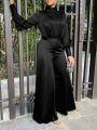Women Satin Silk Jumpsuits Turtleneck High Waisted Playsuit Long Sleeve Long Romper Wide Leg Pant Overalls.