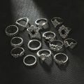 15-Piece Set Retro Silver Open Ring with Gemstones - Jewelry Collection. 