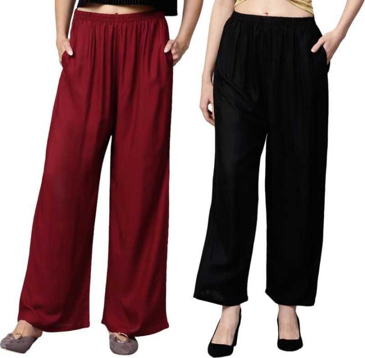 Set of 2 Solid Cotton Relaxed Women Plazo Pants Wear For Ladies