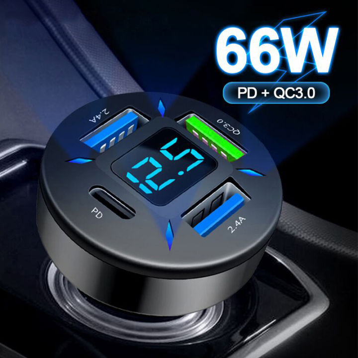 66W 4-Port USB QC+PD Car Charger Quick Charge Cigarette - Main Image