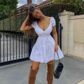 KLALIEN Fashion Elegant Solid White Dress Summer New Women Short Sleeve V Neck A-Line Dresses Party Vacation Street Wear.