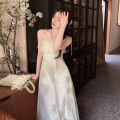 2024 Korean summer new camisole long dress with fairy ruffle edge printed sleeveless temperament picture color. 